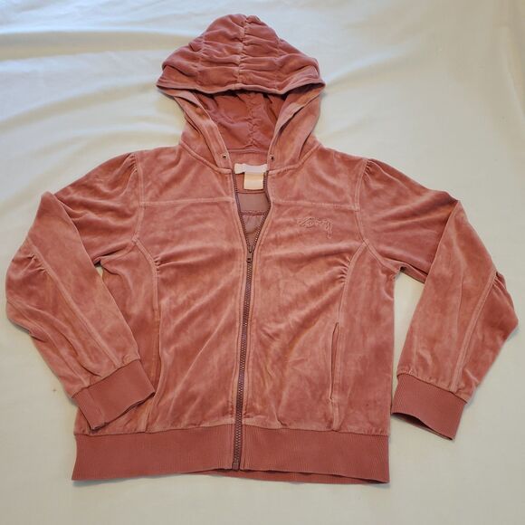 Vtg Stussy Womens Dusty Pink Velour Full Zip Hoodie Sweatshirt Sz L 90s Y2K - Picture 1 of 7